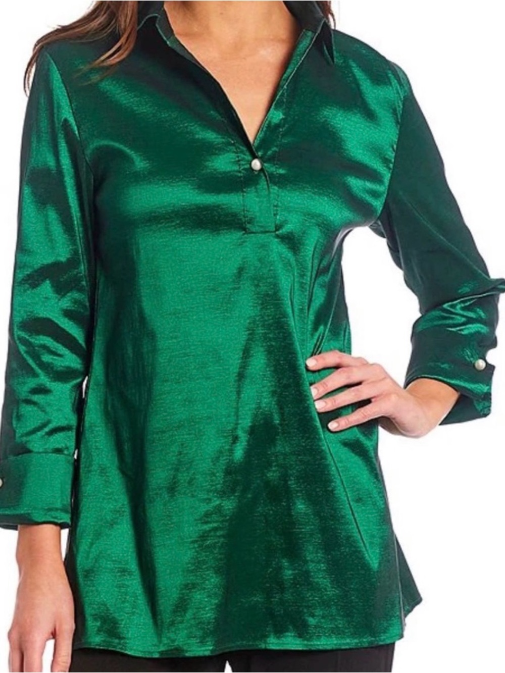 Preston & York Shiny Emerald Green Satin V-Neck Tunic